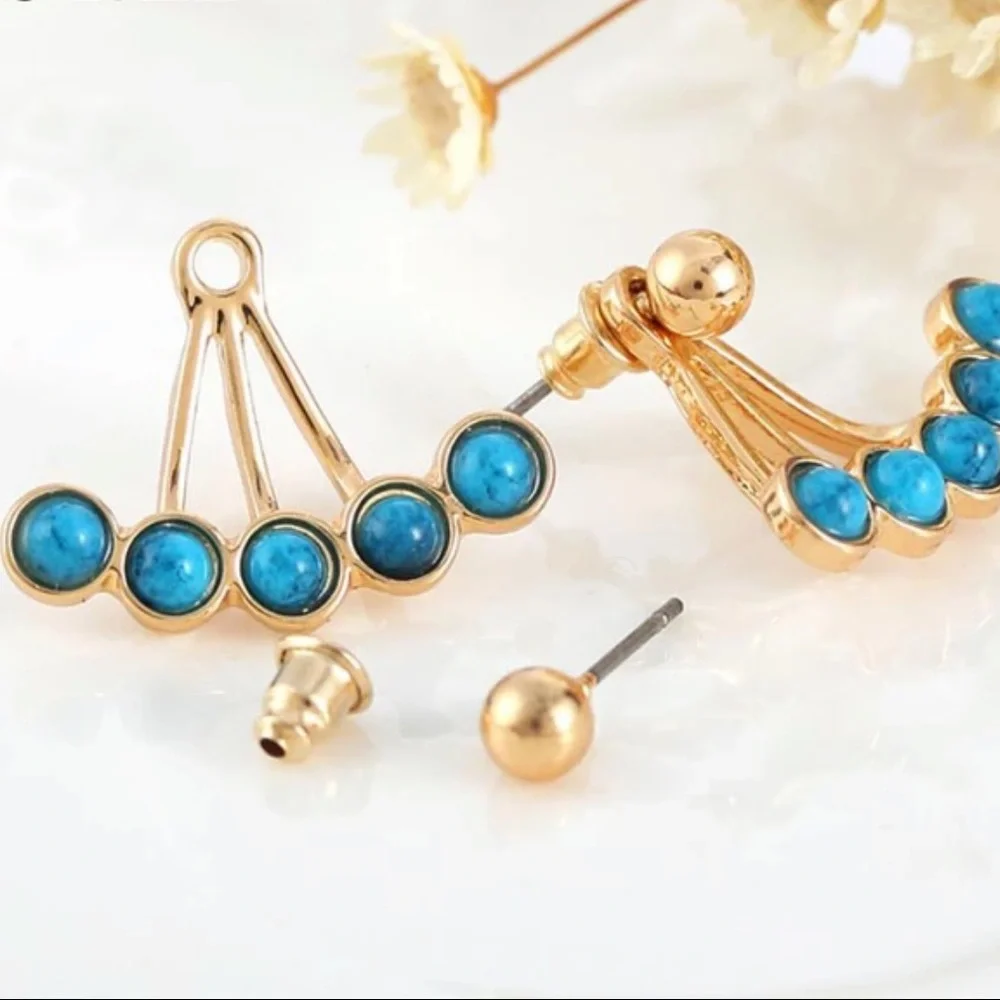 Turquoise Climber Bohemian Hippie 925 Sterling Silver Stone Minimalist Earring - Picture 3 of 6